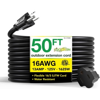 Go Green Power Inc. 16/3 50ft Black Outdoor Extension Cord - Durable, Heavy