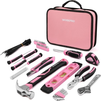 WORKPRO Pink Tool Set - 100 Pieces Pink Tool Kit with Easy Carrying Pouch